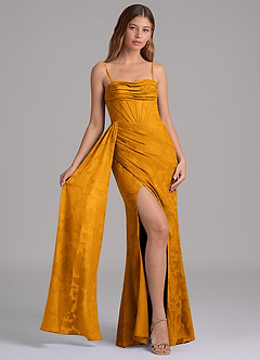 Azazie Amyra Brautjungfernkleider Wandelbar Meerjungfrau-Linie Schulterfrei Blumen-Burnout Kleid Butterscotch image6