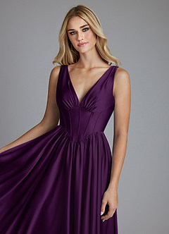 Azazie Delmie Vestidos de madrinha de casamento Vestido Uva de Cetim elástico de Linha A com Espartilho image7