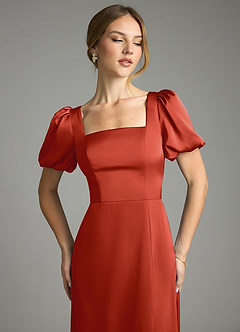 Azazie Fyona Bridesmaid Dresses Rust A-Line Pleated Stretch Satin Dress image12