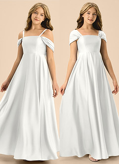 Azazie Rowena Junior White A-Line Bow Stretch Satin Dress image1