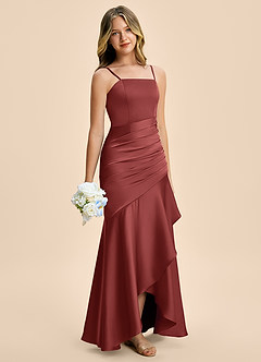 Azazie Aspyn Junior Terracotta Mermaid Ruched Stretch Satin Dress image1