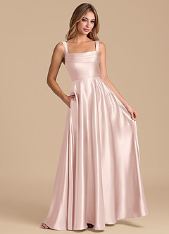 Azazie Shaude 신부 들러리 드레스 A라인 주름진 메탈릭 새틴 바닥 길이 드레스 image3