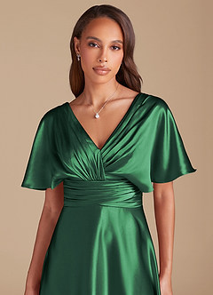 Azazie Pamela Vestidos de damas de honor Vestido de Verde Oscuro de Satén Metálico de Corte en A con Plisado image1
