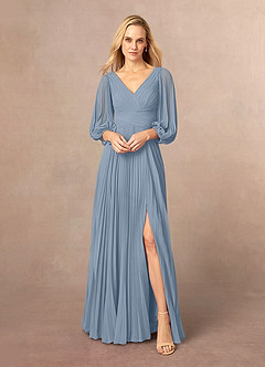 Azazie Zahara Mère de la mariée Robes Robe Trapèze en Mousseline de soie Col V plissé Bleu Poussiéreux image2