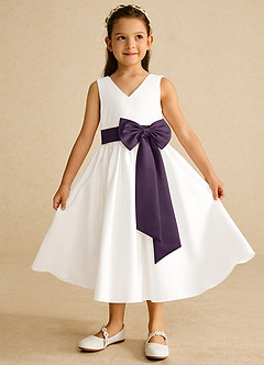 Azazie Darling Flower Girl Dresses Ivory Plum A-Line Bow Cotton Dress image2