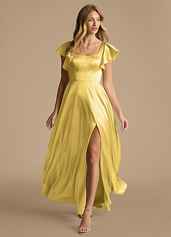 Azazie Bondi Brudtärnklänningar Klä av A-Linje i Metallisk satin Rosett Kanariefågel image6