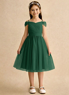 Azazie Lila Girls Formal Robe Demoiselle D'honneur Fillette Robe Trapèze en Tulle Épaule décolletée Vert Foncé image1