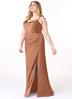 Azazie Marzia Bridesmaid Dresses Bronzer Sheath Cowl Pleated Stretch Satin Dress image9