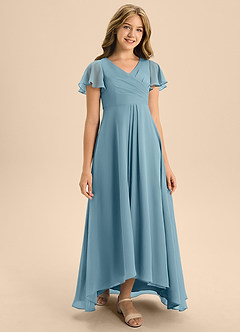 Azazie Induh Junior Moody Blue A-Line Pleated Chiffon Dress image3