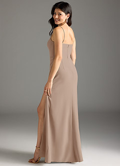 Azazie Rhoda Bridesmaid Dresses Taupe Sheath Pleated Stretch Crepe Dress image2