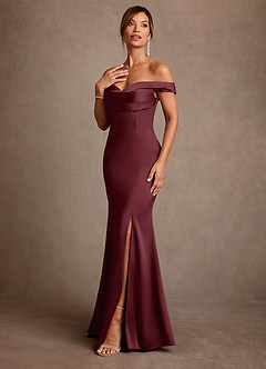 Azazie Boone Mother of the Bride Dresses Cabernet Mermaid Off the Shoulder Stretch Satin Dress image4