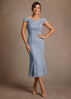Azazie Keith Mother of the Bride Dresses Dusty Blue Sheath Pleated Floral Burnout Dress image1