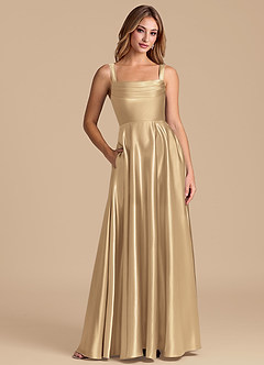 Azazie Shaude 신부 들러리 드레스 A라인 주름진 메탈릭 새틴 바닥 길이 드레스 image1