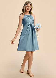 Azazie Ginny Junior Dusty Blue A-Line Pleated Stretch Satin Dress image7