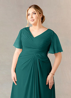 Azazie Morning Glory Kleider für die Brautmutter A-Linie V-Hals Gerüscht Chiffon Kleid Pfau image9