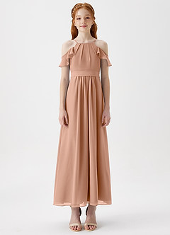 Azazie Chaya Junior Champagne Rose A-Line Off the Shoulder Chiffon Dress image3