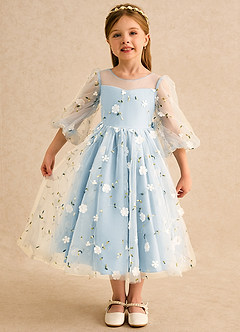 Azazie Elowen Robe Demoiselle D'honneur Fillette Robe Trapèze en Dentelle Encolure en Forme de Cœur Bleu Ciel image1