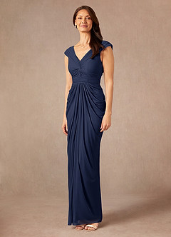 Azazie Lisolette vestidos de madre de la novia Vestido de Azul Marino Oscuro de Malla de Recto con Plisado image4