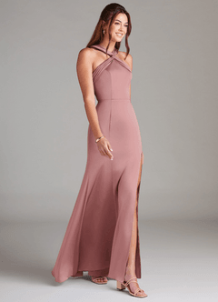 Azazie Rue Bridesmaid Dresses Dusty Rose A-Line Pleated Stretch Satin Dress image3