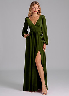 Azazie Norah Robes de demoiselle d'honneur Robe Trapèze en velours Manche longue Olive image3