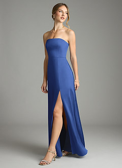 Azazie Wren Vestidos de damas de honor Vestido de Azul Real de Satén Elástico de Corte en A Convertible con Sin tirantes image5