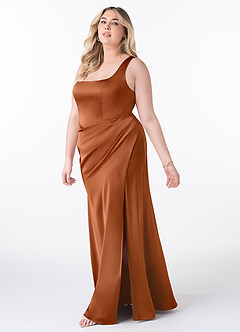 Azazie Mero Bridesmaid Dresses Copper Sheath Pleated Stretch Satin Dress image8
