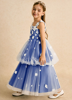 Azazie Teacup Flower Girl Dresses Ivory Royal Blue Ball-Gown Lace Tulle Dress image3