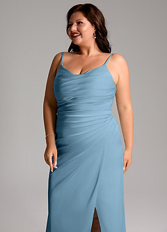 Azazie Deandra Bridesmaid Dresses Steel Blue Mermaid Pleated Stretch Satin Dress image6