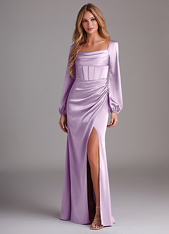 Azazie Charissa Bridesmaid Dresses Frosted Lilac Sheath Long Sleeve Stretch Satin Dress image4
