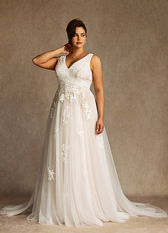 Azazie Alemia Wedding Dresses Diamond White Nude A-Line Lace Tulle Dress image10