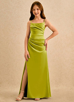 Azazie Cannoli Girls Formal Robe Demoiselle D'honneur Fillette Robe Trapèze en Mat Satiné Plissée Citronnelle image3
