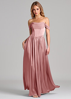 Azazie Raisa Bridesmaid Dresses Dusty Rose A-Line Off the Shoulder Stretch Satin Dress image3