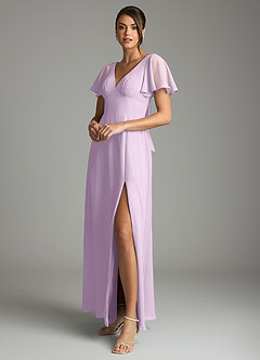 Azazie Kimber Vestidos de damas de honor Vestido de Lila Esmerilada de Gasa de Corte en A con Manga volante image5