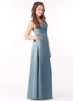 Azazie Sadia Junior Dusty Blue A-Line Pleated Stretch Satin Dress image2