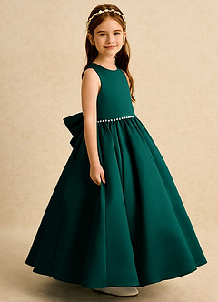 Azazie Daisies Robe Demoiselle D'honneur Fillette Robe Princesse en Mat Satiné Arc Vert Pin image3