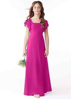 Azazie Bondi Junior Fuchsia A-Line Bow Chiffon Dress image2