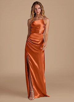 Azazie Eren Final Sale Burnt Orange Sheath One Shoulder Metallic Satin Dress image3