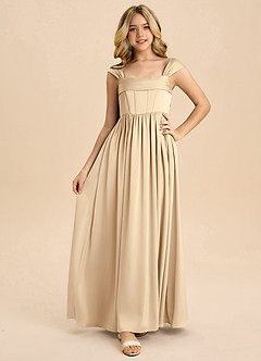 Azazie Hattie Junior Abito A-Line in Raso Elasticizzato Plissettato Champagne image5