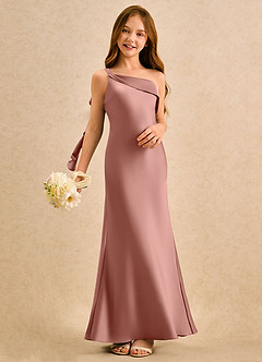 Azazie Almond Girls Formal Sukienki dla dziewczynek sypiących kwiaty Osłona Jedno ramię Satyna elastyczna Długość podłogi Sukienka image2