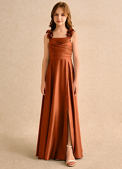 Azazie Rosita Girls Formal Robe Demoiselle D'honneur Fillette Robe Trapèze en Mat Satiné Plissée Orange Brûlée image3