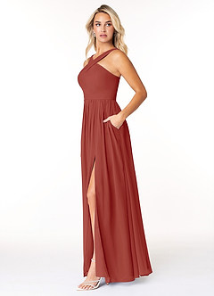 Azazie Elvira Bridesmaid Dresses Terracotta A-Line Pleated Chiffon Dress image3