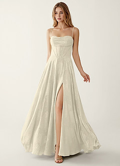light beige color dress Azazie 2026 Lace Up A-Line Prom Dress Light Beige Gown