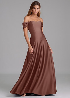 Azazie Seriana 신부 들러리 드레스 A라인 오프 더 숄더 스트레치 새틴 바닥 길이 드레스 image4