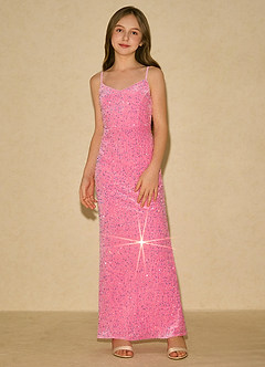 Azazie Nini Girls Formal vestidos de niña de las flores Vestido de Rosa Caramelo de Lentejuelas de Corte Recto image3