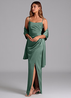 Azazie Calandra Essayer des robes à la maison Robe Trapèze en Satin extensible Plissée Eucalyptus image5