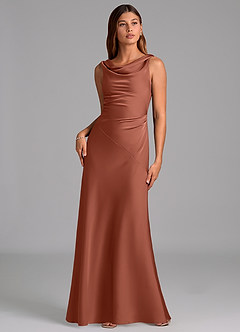 Azazie Nerine Vestidos de madrinha de casamento Vestido Castanho Aloirado de Cetim elástico de Linha A com Plissado image3