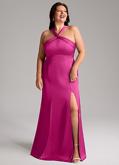 Azazie Rue Bridesmaid Dresses Fuchsia A-Line Pleated Stretch Satin Dress image11