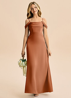 Azazie Lettie Junior Abito A-Line in Raso Elasticizzato a Spalla Scoperta Rame image2