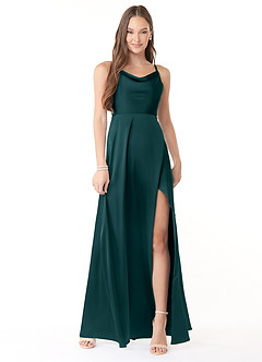 Azazie Naomie Bridesmaid Dresses Pine A-Line Cowl Neckline Side Slit Stretch Satin Dress image1