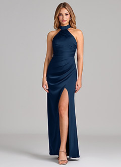 Azazie Karlotta Bridesmaid Dresses Dark Navy Sheath Pleated Stretch Satin Dress image1